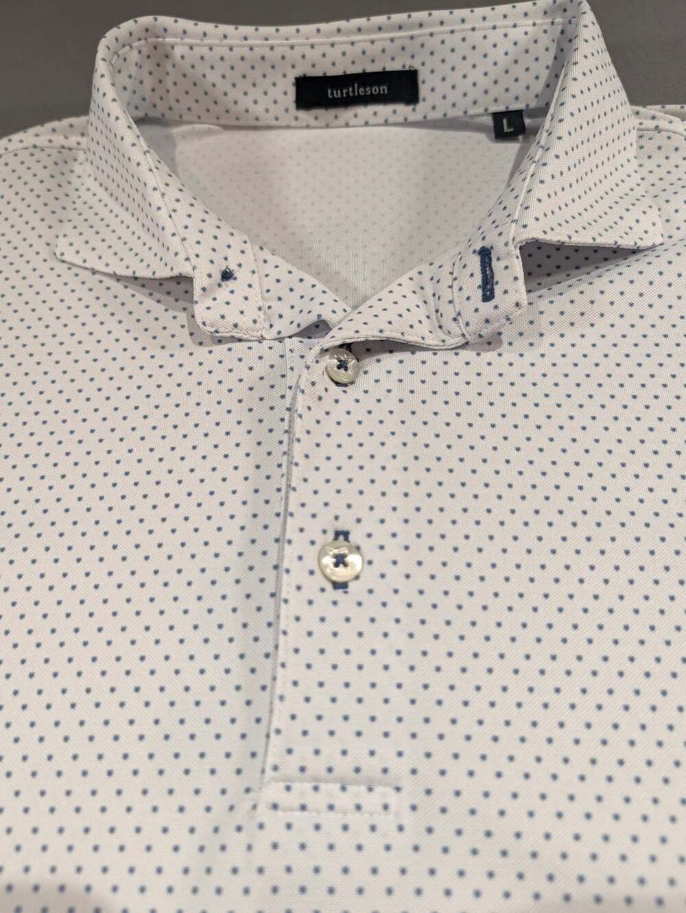 Turtleson Polo Shirt Size L White Blue Dot Print Performance Golf Preppy
